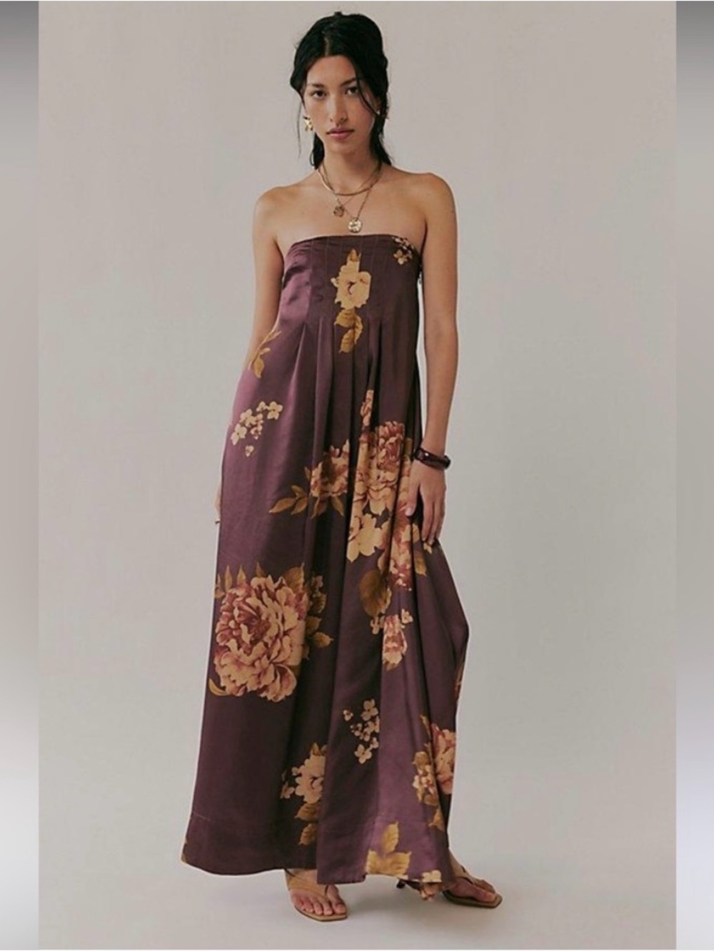 Free People Botanical Floral Maxi Dress in Plum/Brown